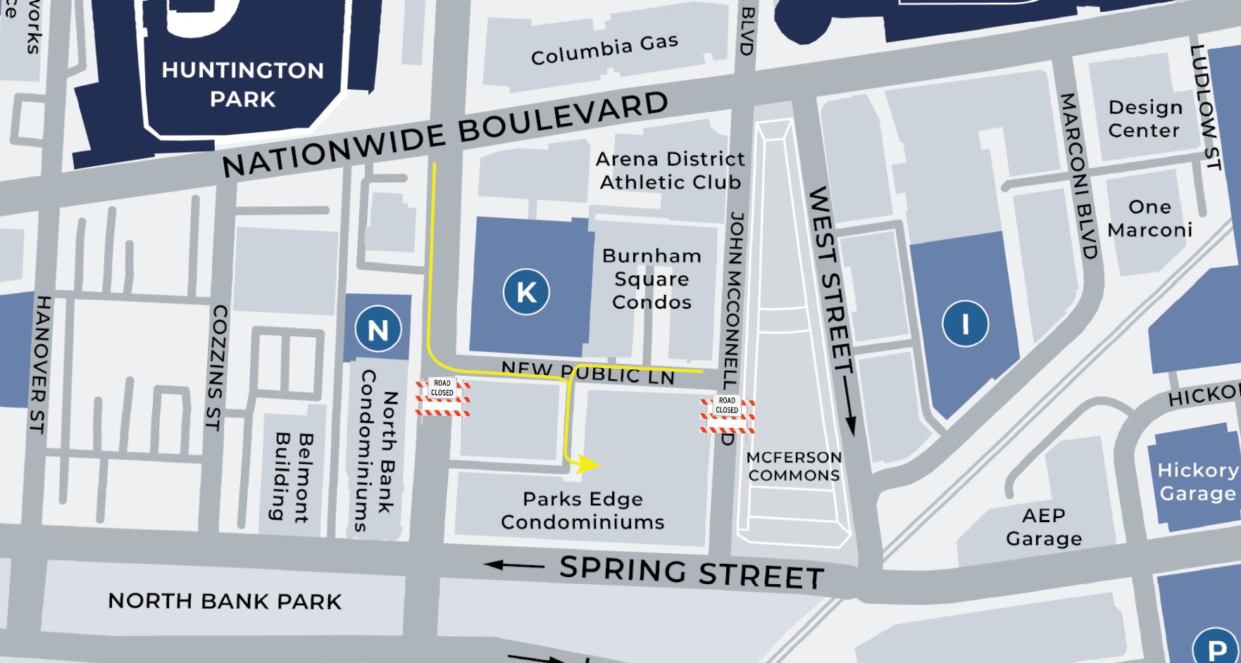 Map of Arena District garage access during the Pelotonia weekend